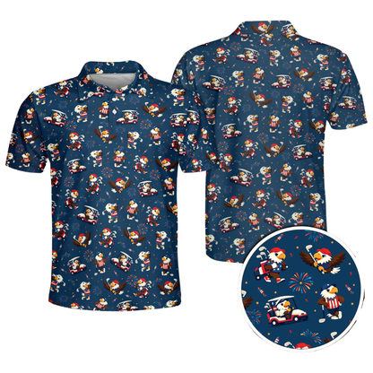 Men's Funny Eagle American Flag Navy Golf Polo Shirts, 4th Of July Eagle Golf Shirts GE0481