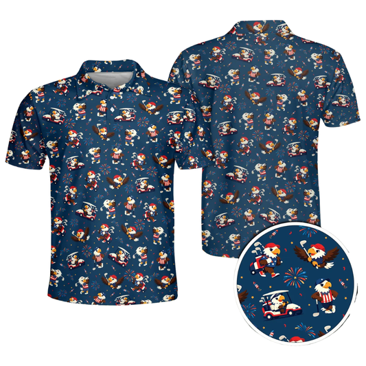 Men's Funny Eagle American Flag Navy Golf Polo Shirts, 4th Of July Eagle Golf Shirts GE0481