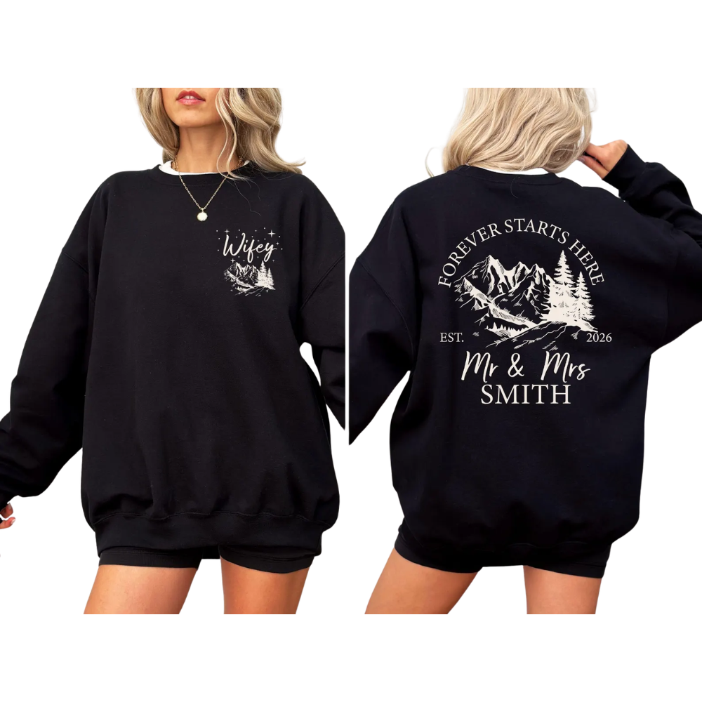 Forever Starts Here Custom Adventure Trip Couple Sweatshirt Matching, Custom Mr & Mrs Sweatshirts ET1477