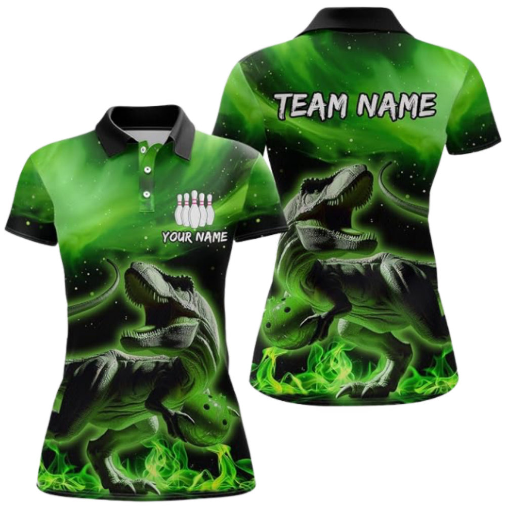 Womens Custom Dinosaur Green Flame Bowling Polo Shirt, Custom Dinosaur Bowling Team Shirts For Ladies BZ0676