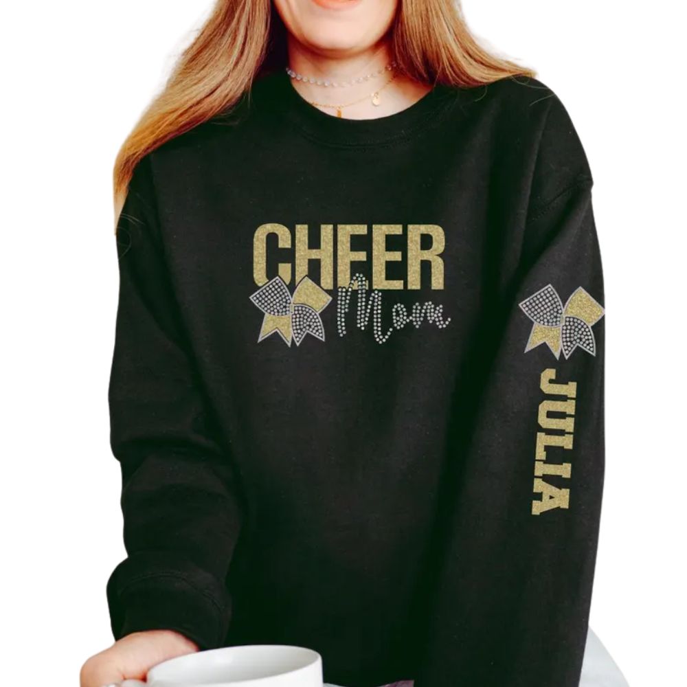 Custom Glitter Cheer Mom Sweatshirt, Custom Bling Cheer Mom Shirts 2D0023