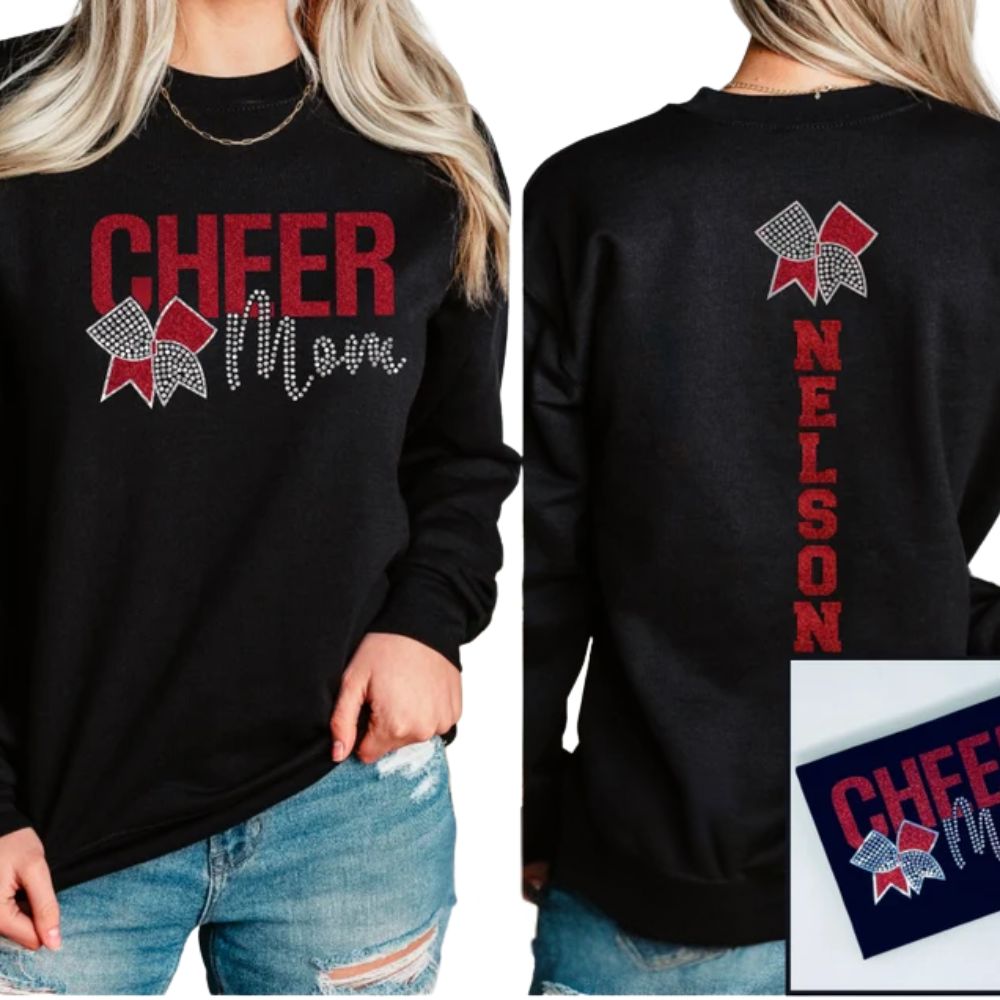 Custom Glitter Cheer Mom Sweatshirt, Custom Bling Cheer Mom Shirts 2D0023