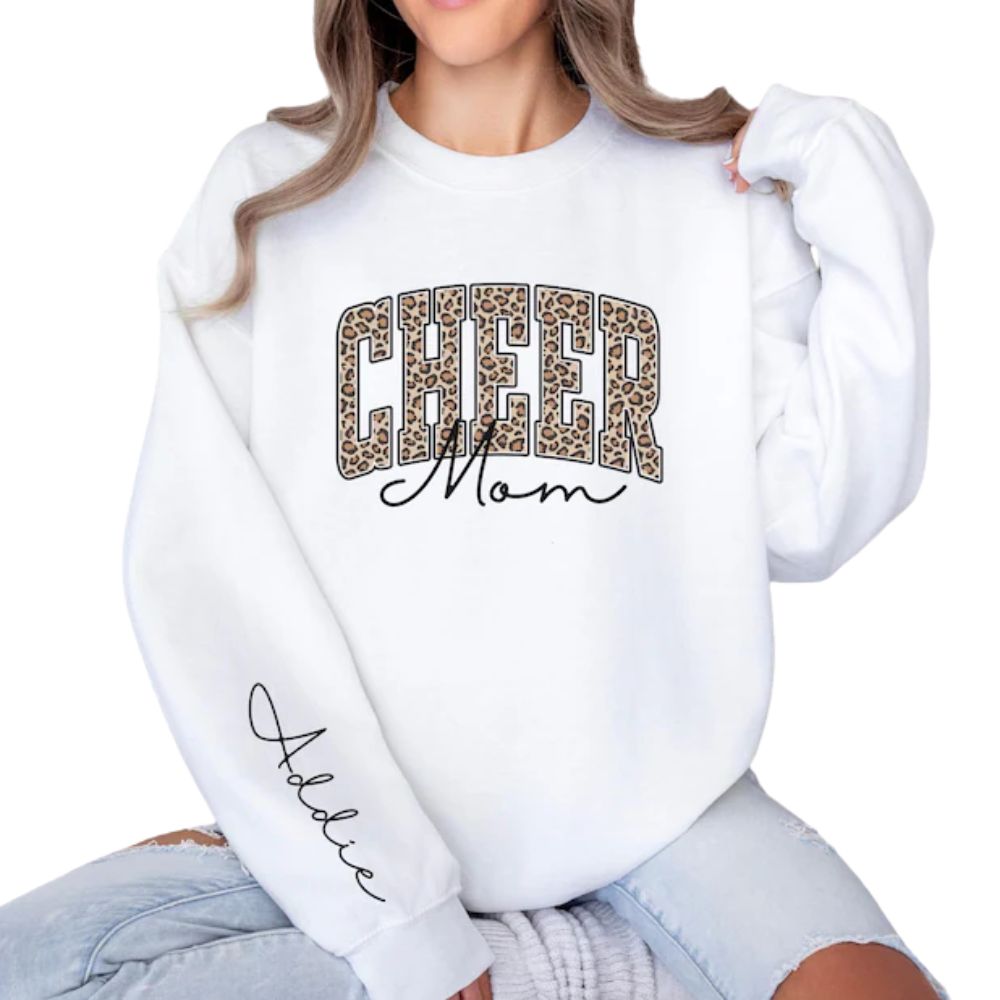 Custom Women Leopard Cheer Mom Sweaters, Custom Cheer Mom Sweatshirts 2D0040