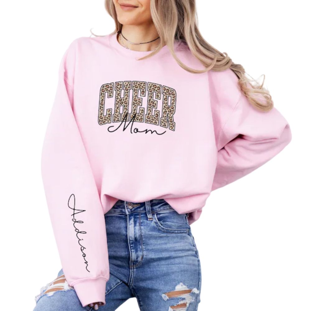 Custom Women Leopard Cheer Mom Sweaters, Custom Cheer Mom Sweatshirts 2D0040