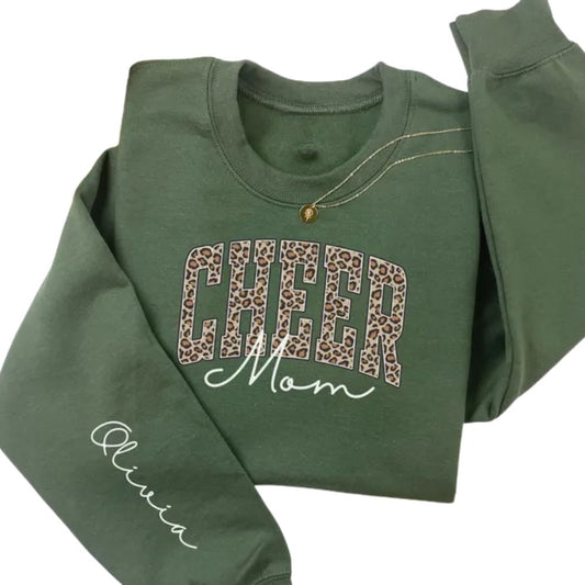 Custom Women Leopard Cheer Mom Sweaters, Custom Cheer Mom Sweatshirts 2D0040