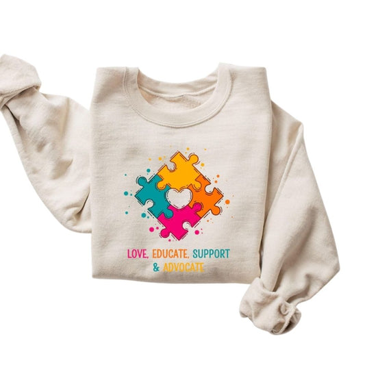 Love Educate Support Advocate Autism Sweatshirts For Teachers, Autism Awareness Teacher Sweatshirts 2D0132