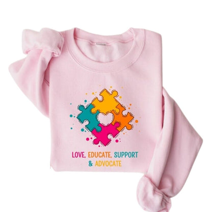 Love Educate Support Advocate Autism Sweatshirts For Teachers, Autism Awareness Teacher Sweatshirts 2D0132