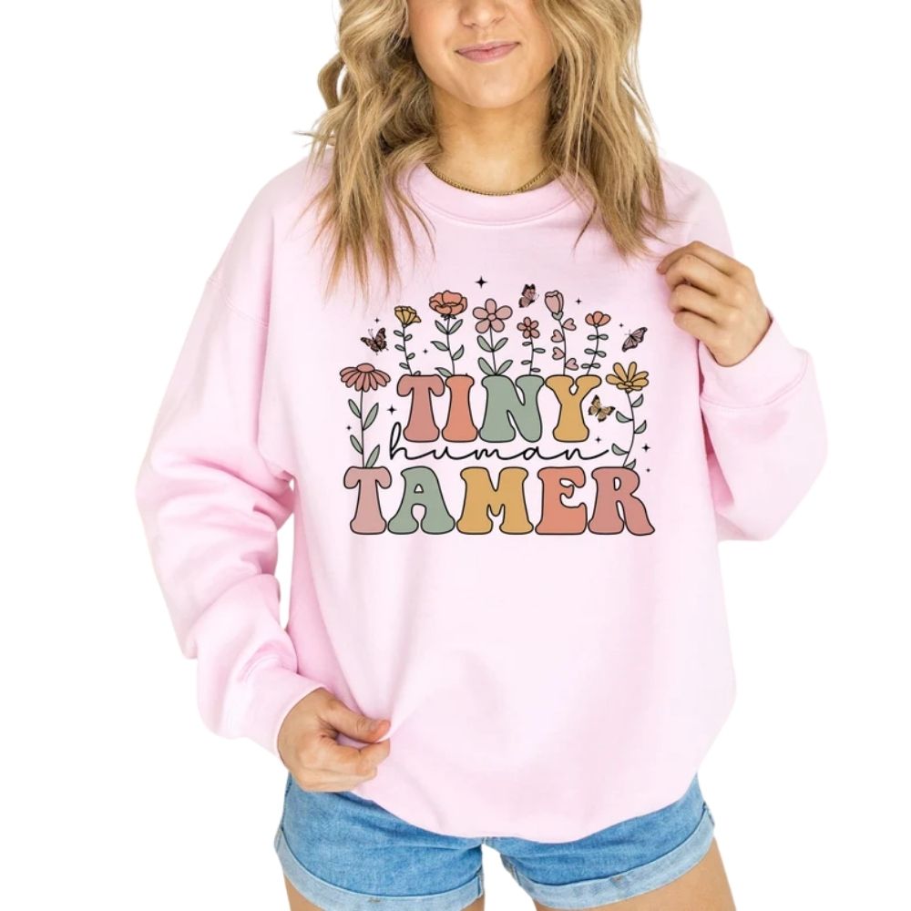 Tiny Human Tamer Floral Teacher Sweatshirt Womens, Funny Kindergarten Teacher Sweatshirt 2D0142