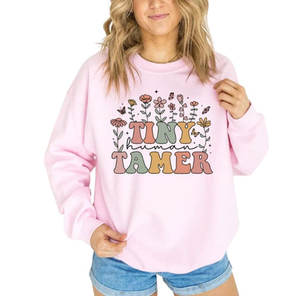 Tiny Human Tamer Floral Teacher Sweatshirt Womens, Funny Kindergarten Teacher Sweatshirt 2D0142