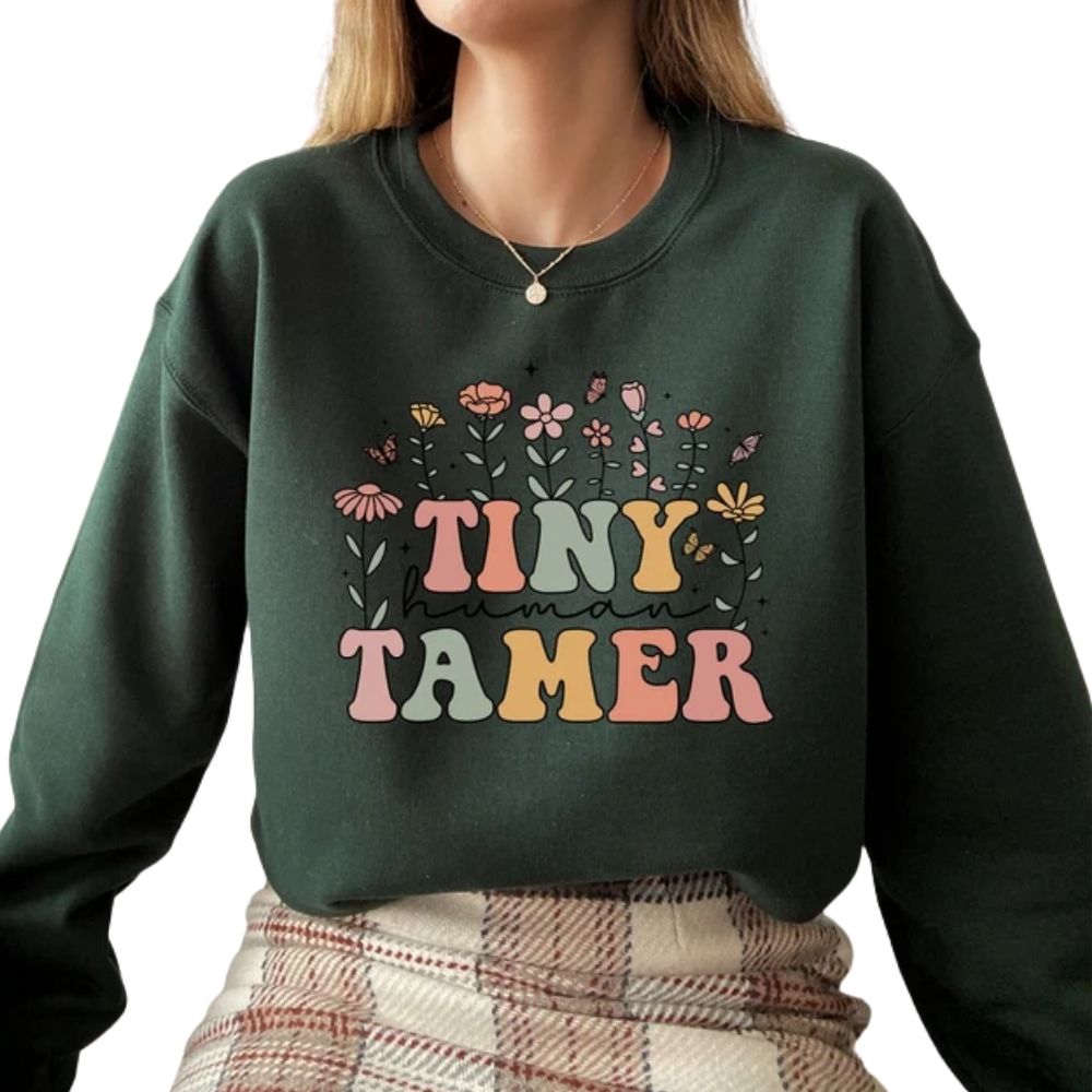 Tiny Human Tamer Floral Teacher Sweatshirt Womens, Funny Kindergarten Teacher Sweatshirt 2D0142