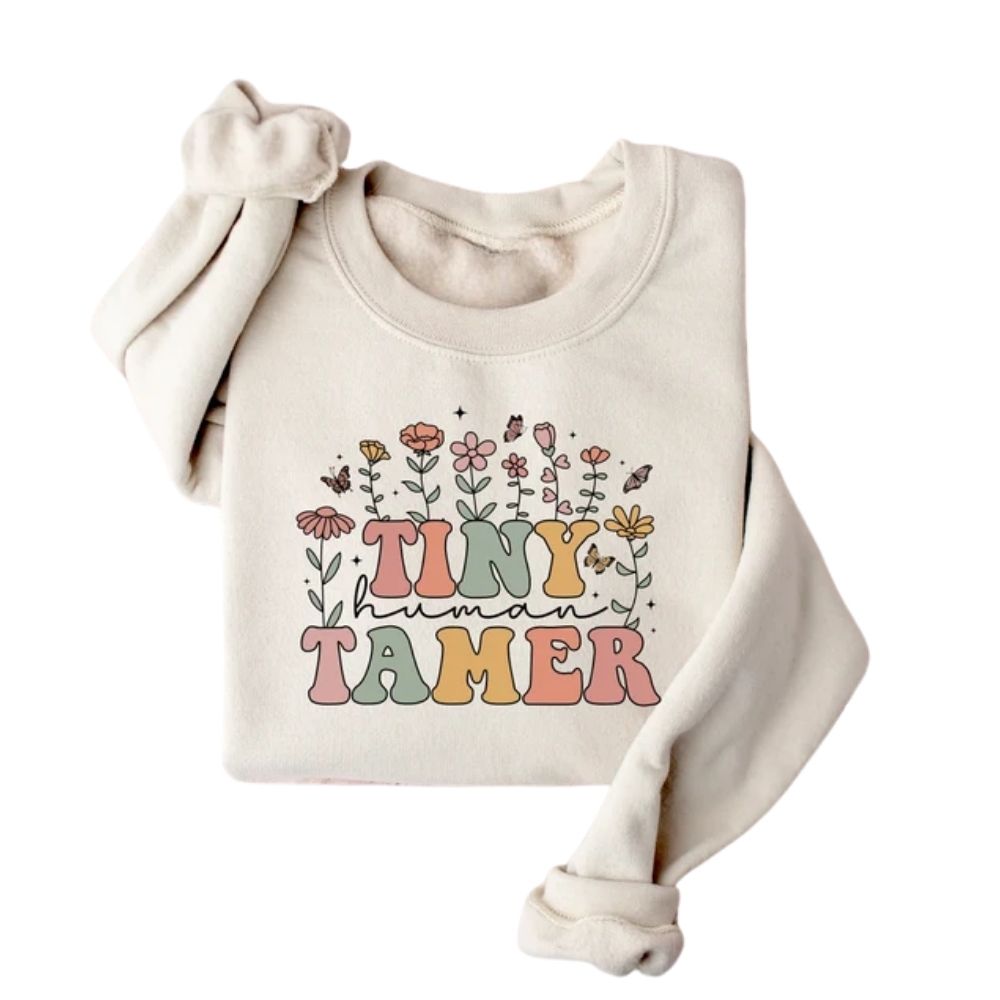 Tiny Human Tamer Floral Teacher Sweatshirt Womens, Funny Kindergarten Teacher Sweatshirt 2D0142