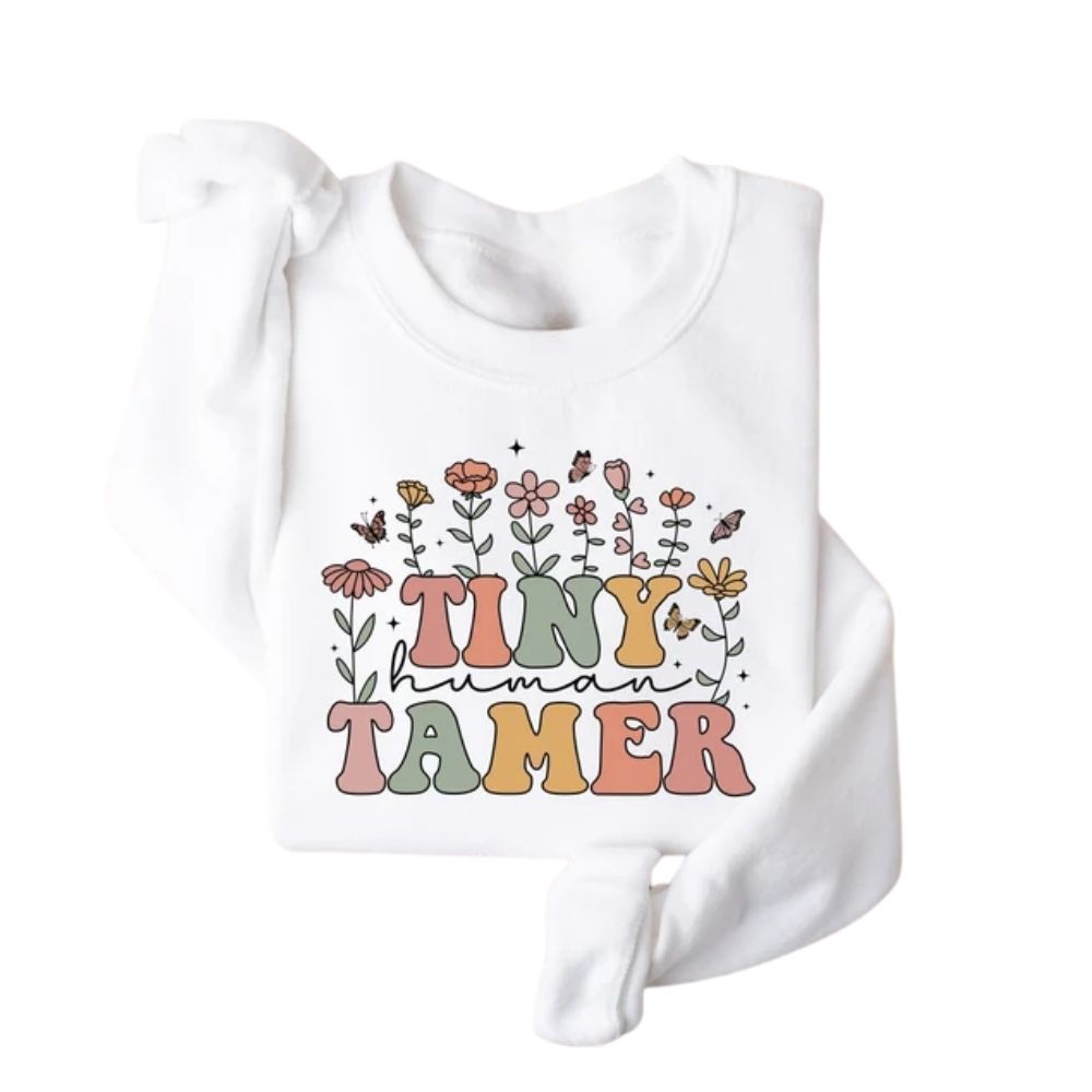 Tiny Human Tamer Floral Teacher Sweatshirt Womens, Funny Kindergarten Teacher Sweatshirt 2D0142