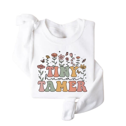 Tiny Human Tamer Floral Teacher Sweatshirt Womens, Funny Kindergarten Teacher Sweatshirt 2D0142