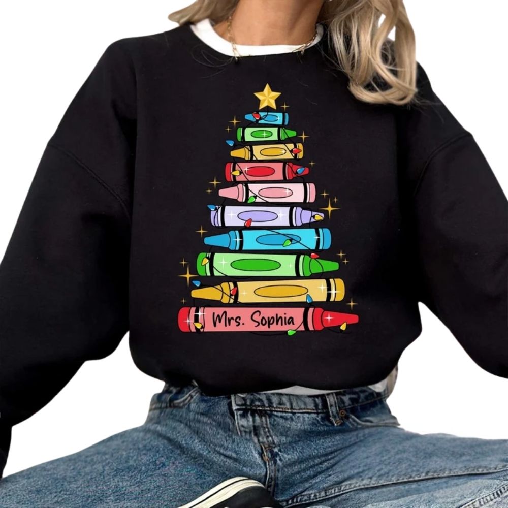 Custom Women's Black Christmas Teacher Sweatshirt, Custom Christmas Sweatshirts For Teachers 2D0152