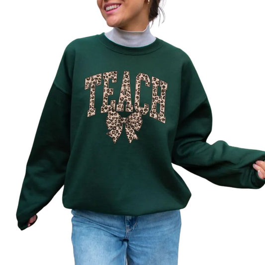 Women's Leopard Teacher Sweatshirt, Leopard Print Teacher Sweatshirt 2D0170