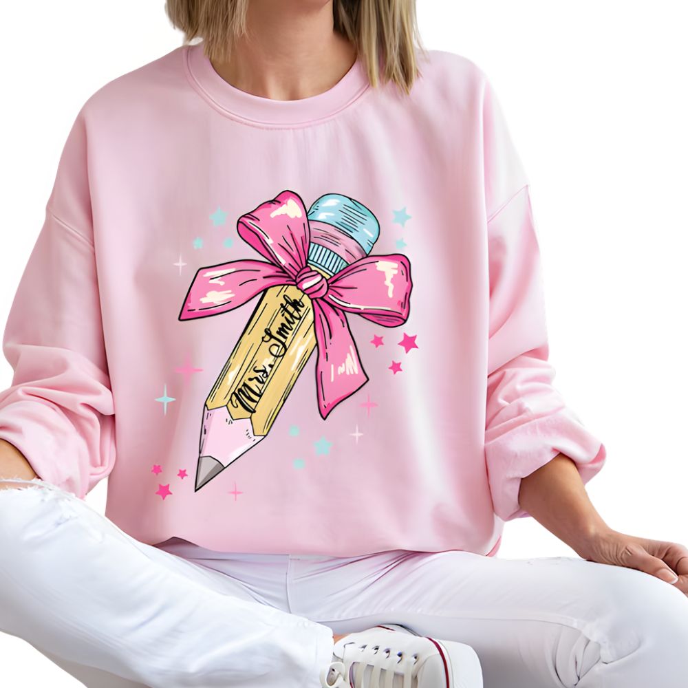 Custom Pencil Bow Teacher Sweatshirt For Women, Custom Teacher Sweatshirt 2D0181