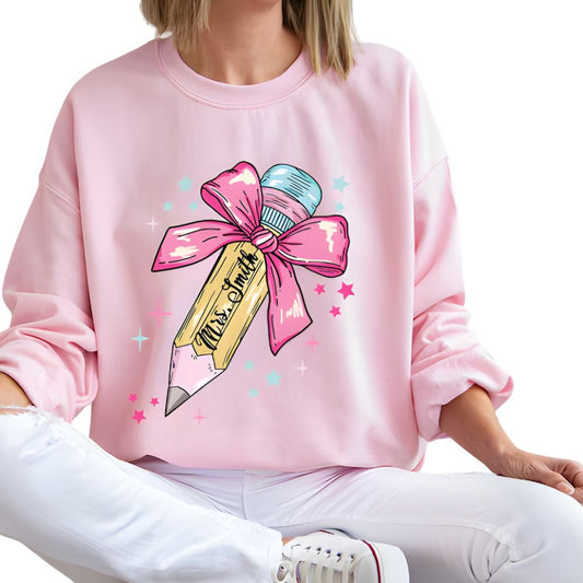 Custom Pencil Bow Teacher Sweatshirt For Women, Custom Teacher Sweatshirt 2D0181