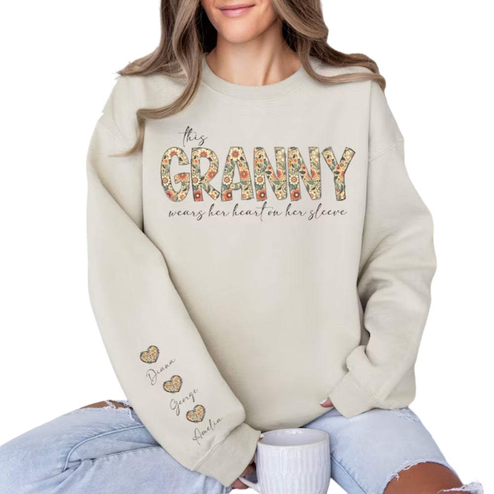This Grandma Wears Her Heart on Her Sleeve Custom Grandma Sweatshirt, Custom Mother Day Sweatshirt For Grandma 2D0221