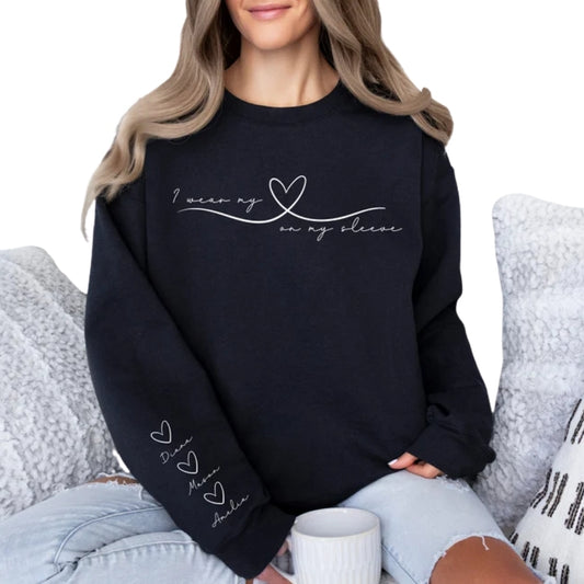 I Wear My Heart On My Sleeve Custom Mom Grandma Sweatshirt, Custom Mother Day Sweatshirts For Mom Grandma 2D0232