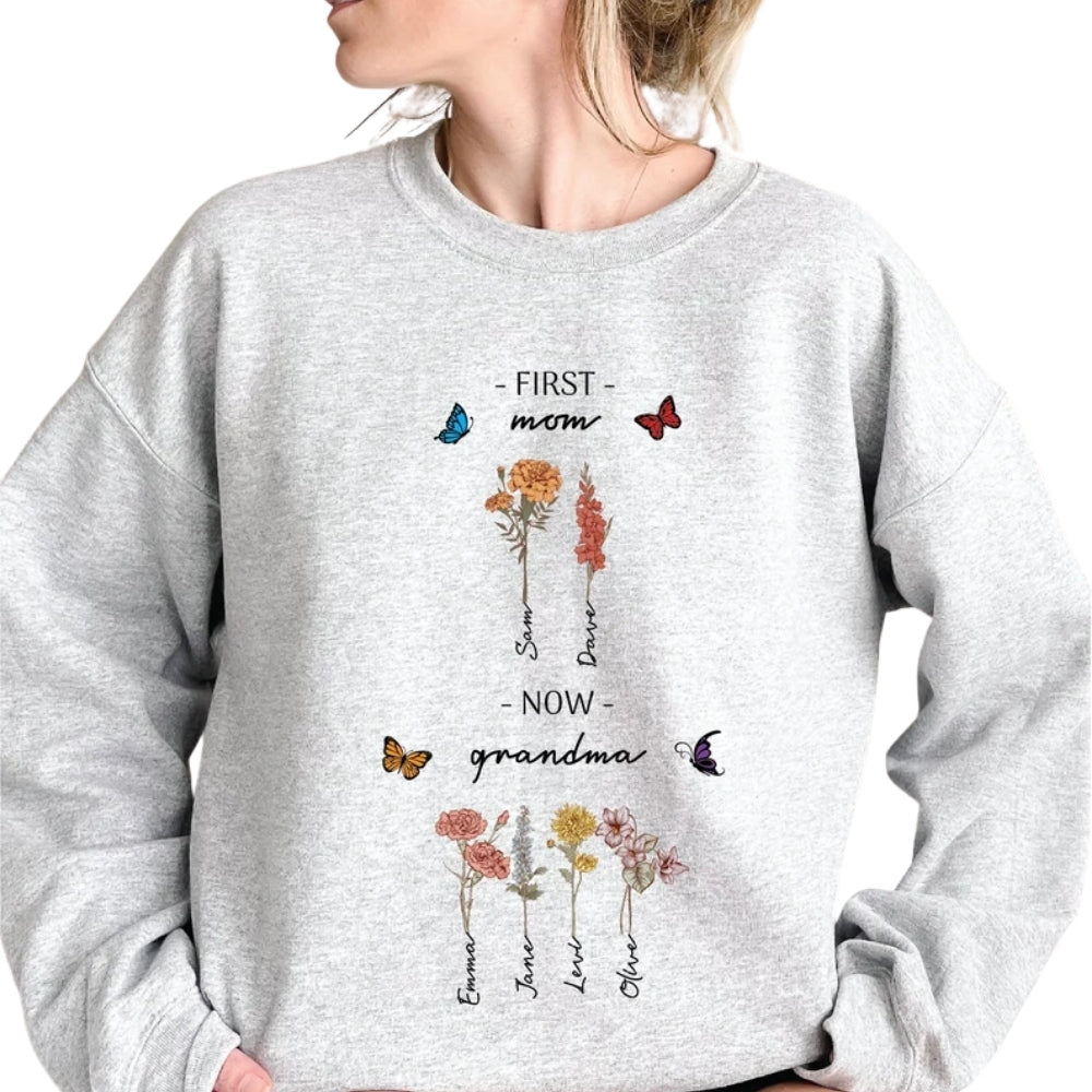 Custom First Mom Now Grandma Birthflower Sweatshirt, Custom From Mother To Grandmother Sweater 2D0233