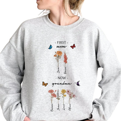 Custom First Mom Now Grandma Birthflower Sweatshirt, Custom From Mother To Grandmother Sweater 2D0233