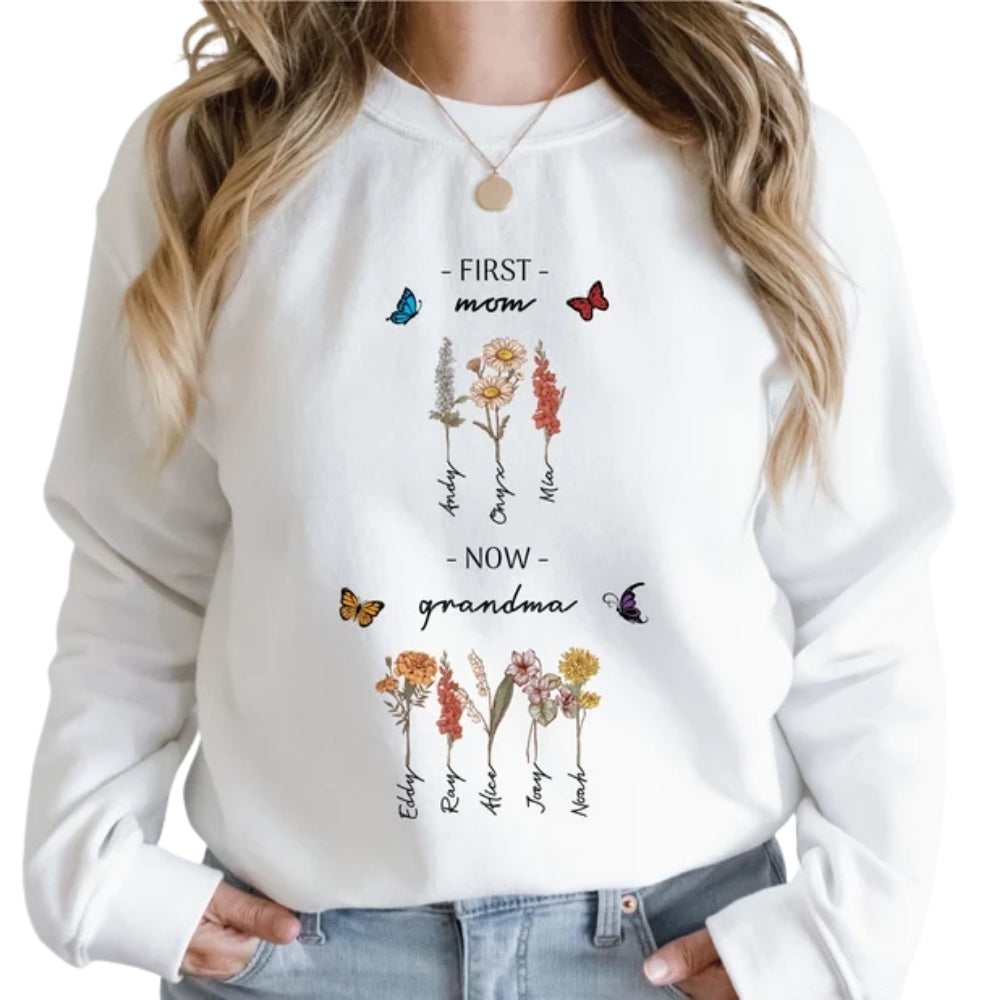 Custom First Mom Now Grandma Birthflower Sweatshirt, Custom From Mother To Grandmother Sweater 2D0233