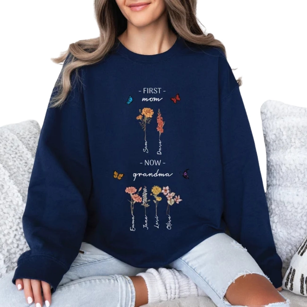 Custom First Mom Now Grandma Birthflower Sweatshirt, Custom From Mother To Grandmother Sweater 2D0233