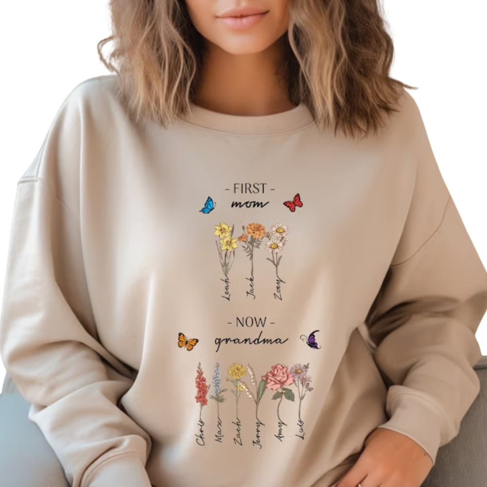 Custom First Mom Now Grandma Birthflower Sweatshirt, Custom From Mother To Grandmother Sweater 2D0233