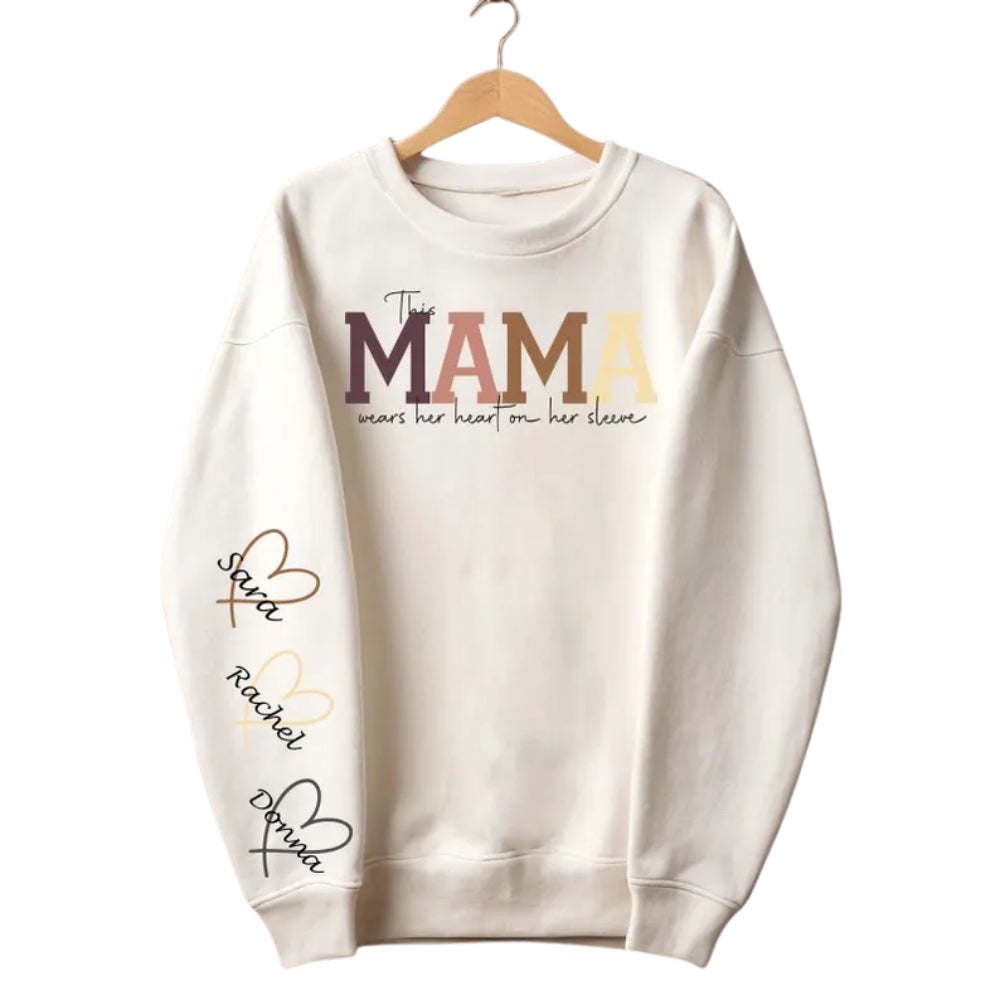 This Mama Wears Her Heart On Her Sleeve Custom Kids Names Sweatshirt, Custom Mama Heart Sleeve Sweatshirt 2D0824