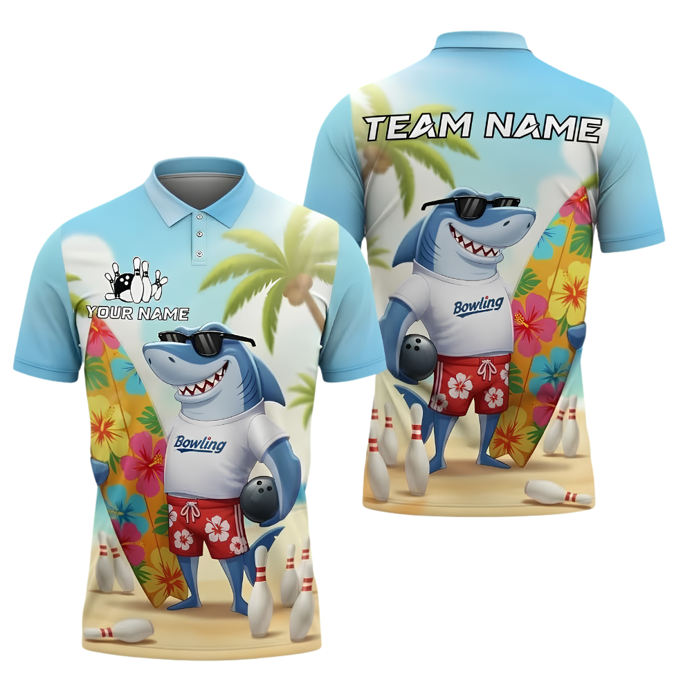 Custom Funny Shark Tropical Bowling Polo Shirt For Men, Custom Shark Bowling Team Shirts BZ1021