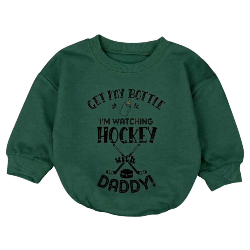 Get My Bottle I'm Watching Hockey With Daddy Baby Romper Sweatshirt, Hockey Daddy Baby Romper Sweatshirt BB0053