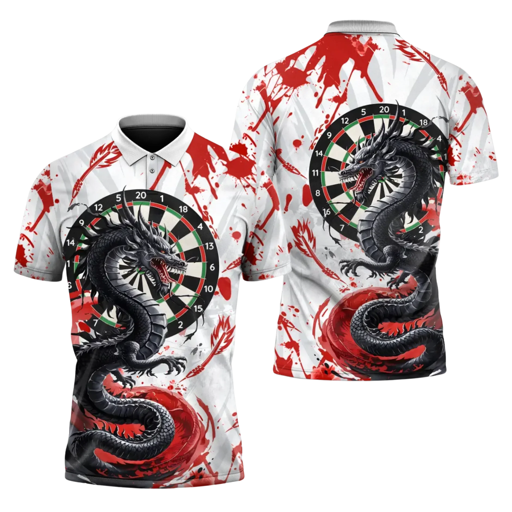 Custom Dragon Red White Darts Polo Shirt For Men, Custom Dragon Team Dart Shirts DZ0142