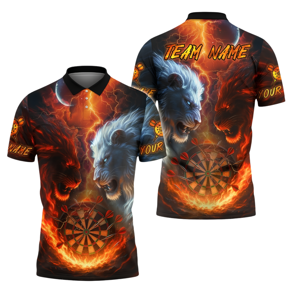 Custom Lion Flame And Ice Darts Polo Shirt For Men, Custom Lion Team Darts Shirt DZ0157