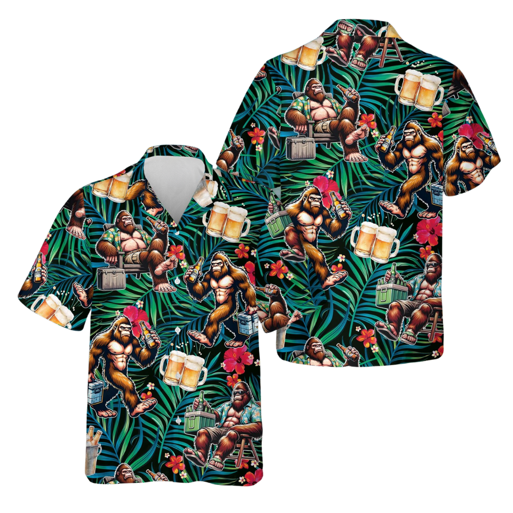 Bigfoot And Beer Tropical Men's Hawaiian Shirt, Sasquatch Bigfoot Hawaiian Shirt HE0617