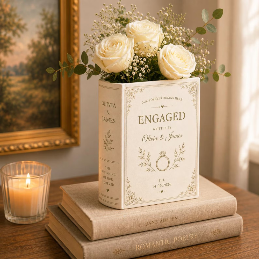Personalized Engaged Ceramic Book Vase, Custom Engagement Book Vase WD0628