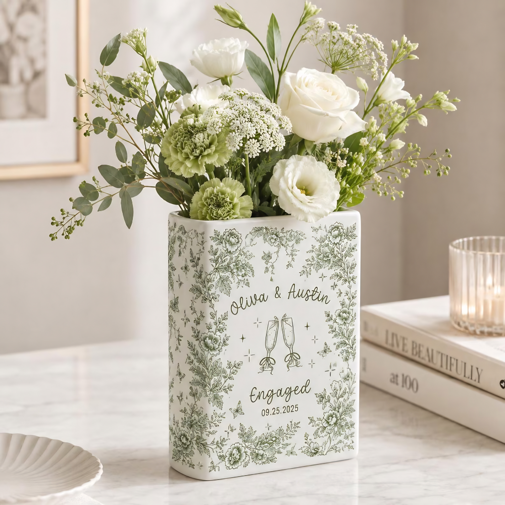 Custom Engaged Green Toile De Jouy Ceramic Book Vase, Custom Engagement Book Vase WD0615
