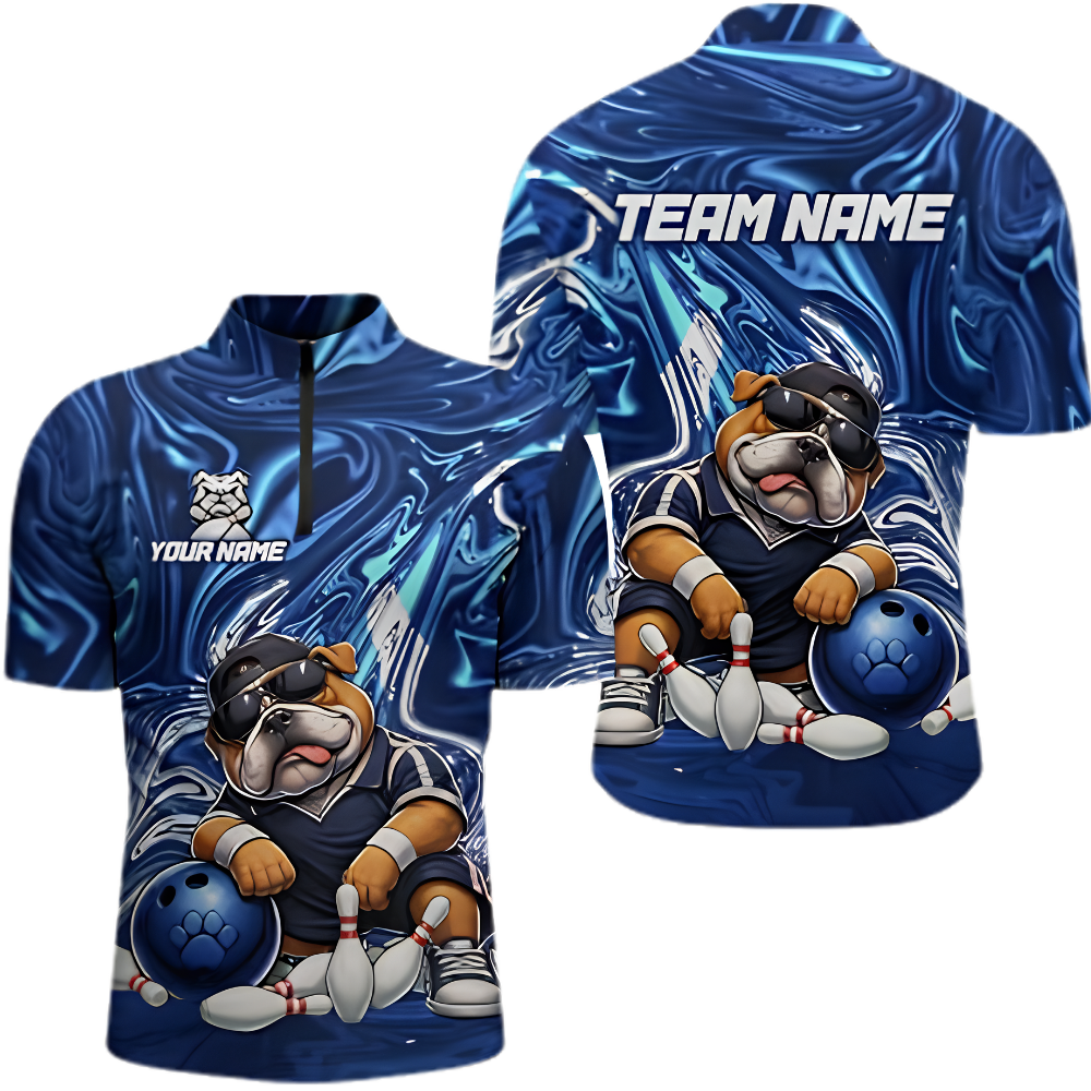 Bulldog Custom Mens Blue Bowling Jersey, Custom Bulldog Bowling Team Shirt BZ0884