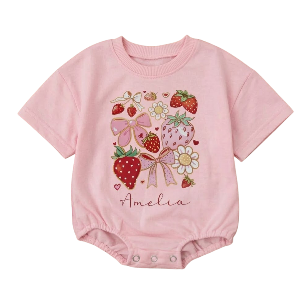 Custom Strawberry Coquette Baby T-Shirt Romper, Personalized Strawberry Baby Romper BB0015