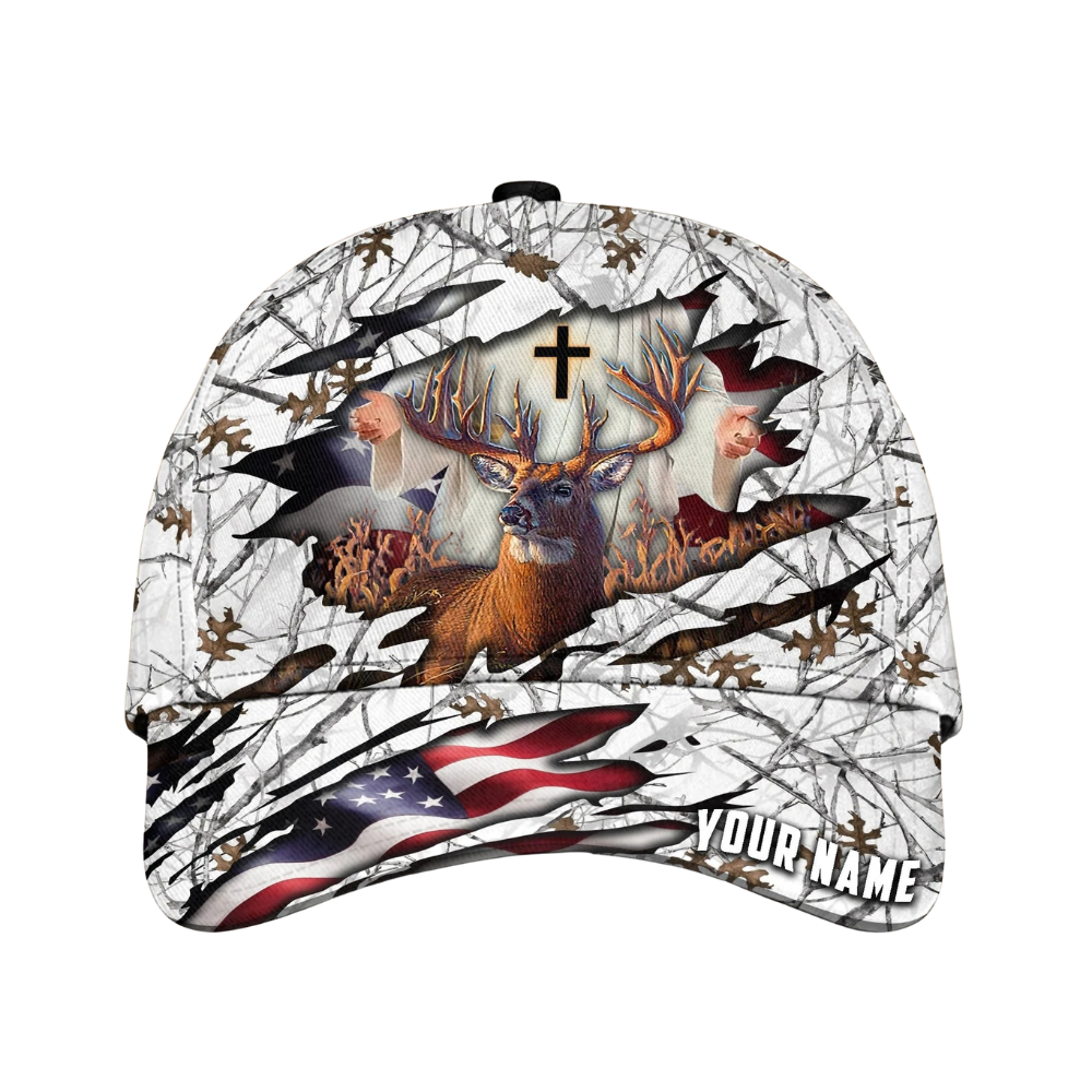 Deer Hunting Custom Cross American Flag Baseball Cap, Custom Christian Deer Cap Hat For Hunter CP0555