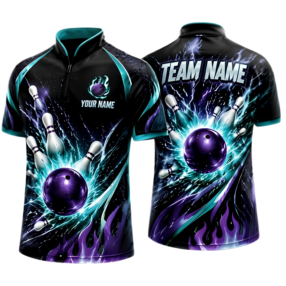 Custom Flame Purple Cyan Bowling Jersey For Men, Custom Flame Bowling Team Shirt BZ0972