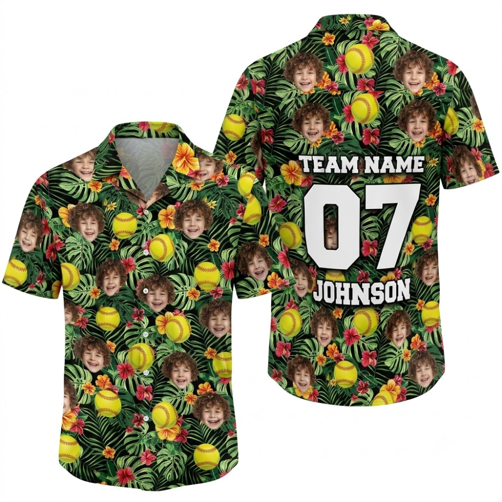 Custom Face Softball Tropical Hawaiian Shirt With Team Name, Custom Photo Softball Hawaiian Shirt HE0773