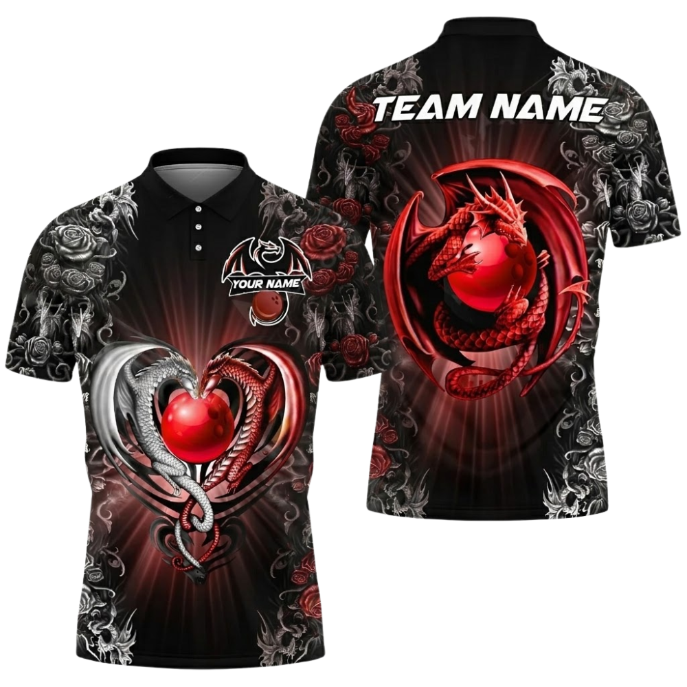 Dragon And Rose Custom Mens Red Black Bowling Polo Shirt, Custom Dragon Bowling Team Shirts BZ0824