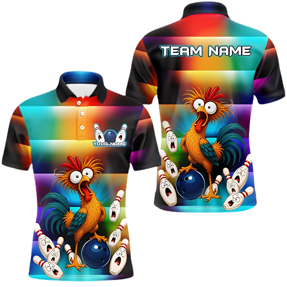 Funny Rooster Custom Rainbow Bowling Polo Shirt Men, Custom Chicken Bowling Team Shirt BZ0890