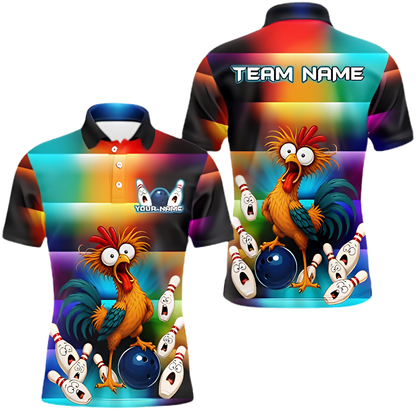 Funny Rooster Custom Rainbow Bowling Polo Shirt Men, Custom Chicken Bowling Team Shirt BZ0890