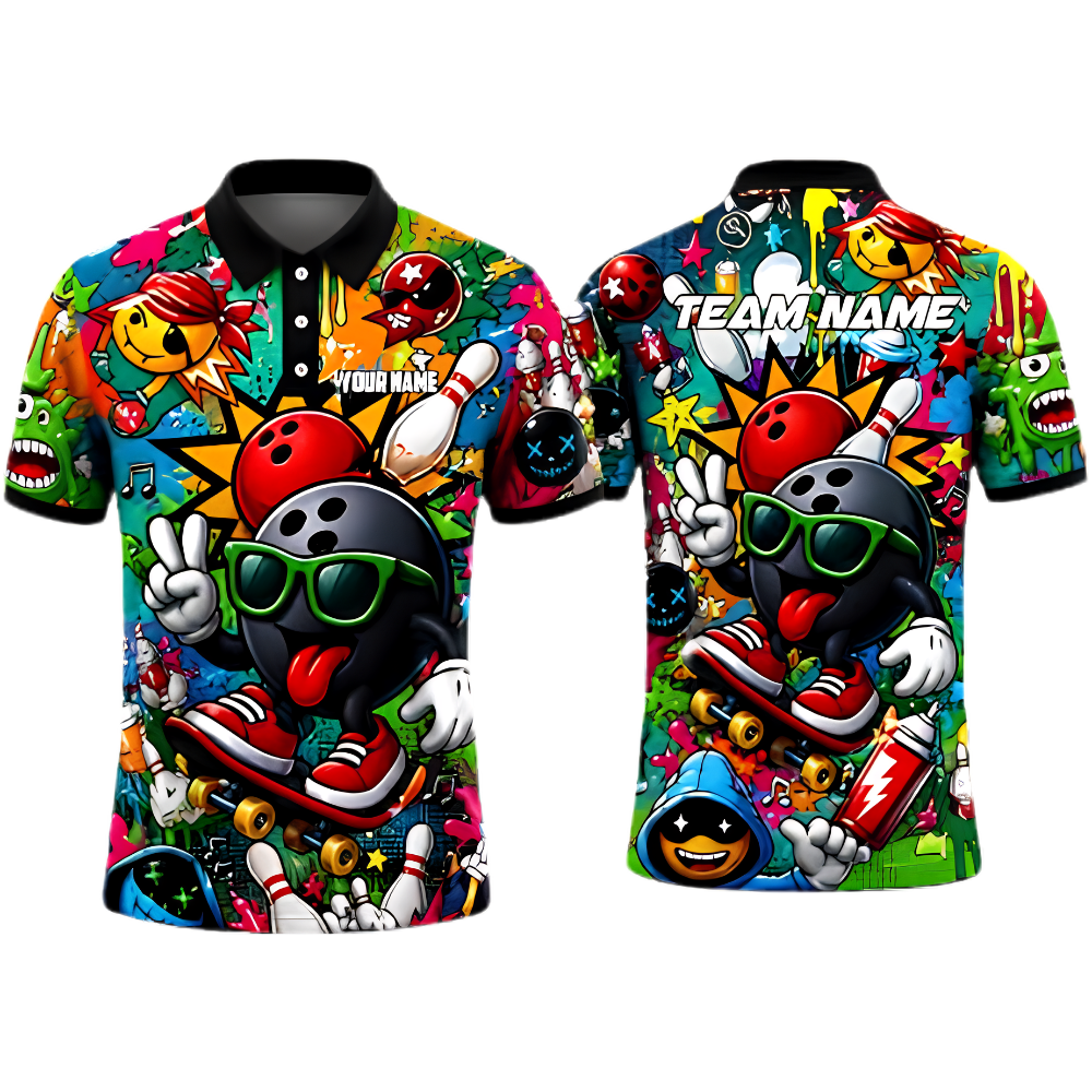 Custom Funny Ball Graffiti Bowling Mens Polo Shirt, Custom Team Graffiti Bowling Shirt BZ0952