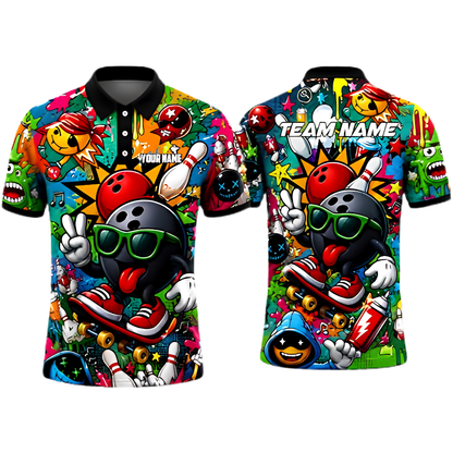 Custom Funny Ball Graffiti Bowling Mens Polo Shirt, Custom Team Graffiti Bowling Shirt BZ0952