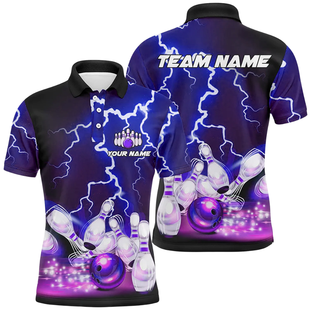Custom Thunder Blue Purple Bowling Polo Shirt Men, Custom Team Thunder Bowling Shirt BZ0830