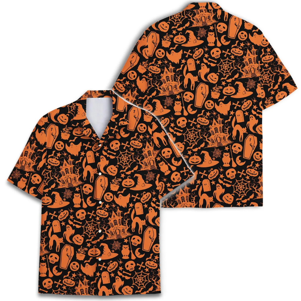 Halloween Pattern Black Orange Hawaiian Shirt Men Women, Halloween Hawaiian Shirt HE0730