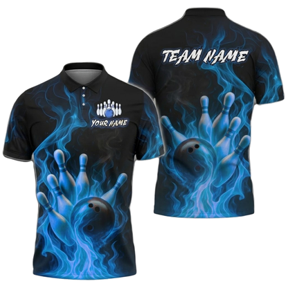 Custom Flaming Ball Bowling Men Polo Shirt, Custom Flame Bowling Shirts For Team BZ0509