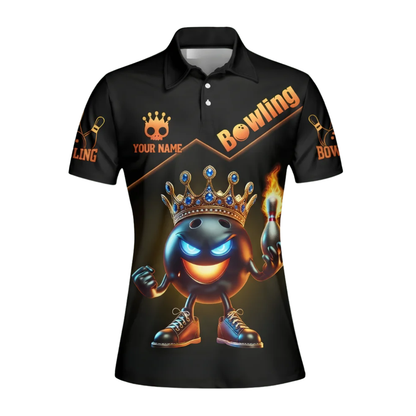 King Ball Flame Pins Women's Custom Bowling Polo Shirts, Custom Flame Bowling Team Shirt For Ladies BZ0580
